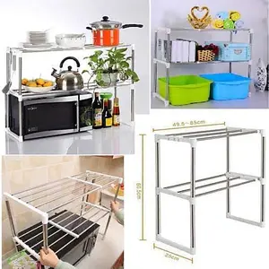 MantraRaj 2 Tier Microwave Oven Rack Stand Shelf Stainless Steel Shelves Rack for Storage Kitchen Organizer Expandable with 6 Hook