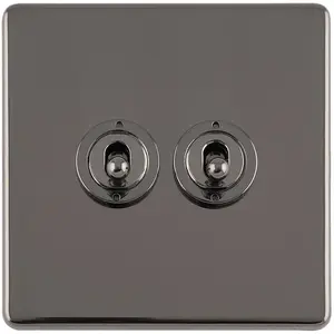 2 Gang Double Retro Toggle Light Switch SCREWLESS BLACK NICKEL 10A 2 Way Lever