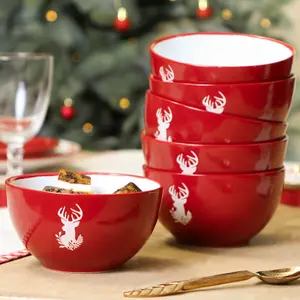 Set of 6 Red Stag Christmas Dinnerware Stoneware Bowls