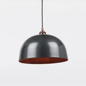 First Choice Lighting Pair of Industrial Nickel with Copper Detail Dome Pendants