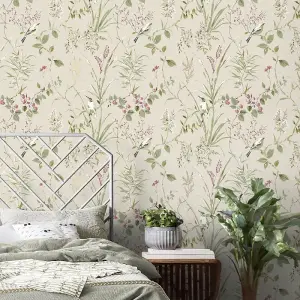 Crown Mariko Floral Treebird Natural Wallpaper M1855