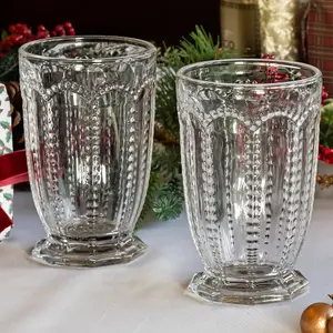 Set of 4 Vintage Luxury Clear Embossed Drinking Tall Tumbler Glasses 340ml