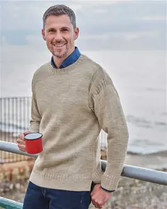 Mens 100% Pure Wool Knitted Guernsey Jumper Beige | Woolovers