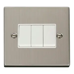 Stainless Steel 10A 3 Gang 2 Way Light Switch - White Trim - SE Home