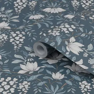 Laura Ashley Parterre Dark seaspray Damask Smooth Wallpaper Sample