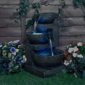 Primrose Kendall Stone Effect 3-Tier Cascading Garden Fountain Water Feature with LED Lights H48cm