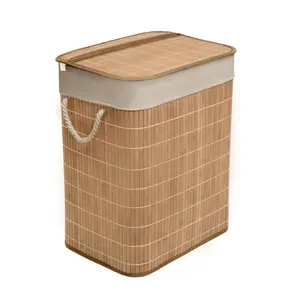 MantraRaj Bamboo Laundry Bin with Handles 65L Square Hamper Basket with Removable Liner (Brown)