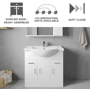 3 Door 2 Drawer Bathroom Vanity Basin Unit with Round Basin - 850mm - Gloss White