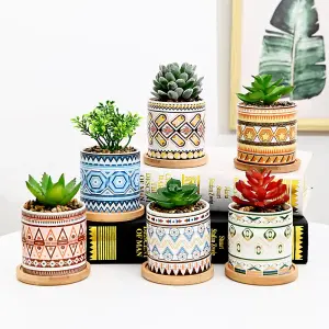 simpa 6PC Mixed Earth Pattern Ceramic Plant Pots with Bamboo Base