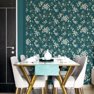 Boutique Eliza Teal Floral Smooth Wallpaper