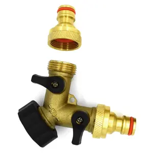 2 Way Garden Tap Connector, Brass Garden Hose Tap Y Splitter Connector with Individual On/Off Valves and 2 Quick Hose Connectors