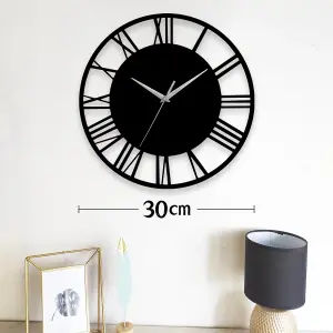 Black Wall Clock Roman Numeral Decorative Silent Wall Clock for Living Room Decor Fireplace 30cm (D)