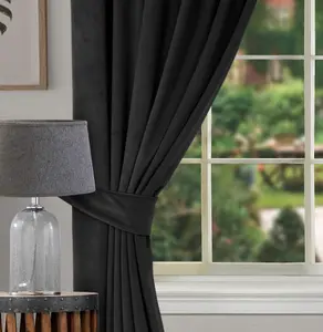 Home Curtains Montreal Super Soft Velour Fully Lined 65w x 54d" (165x137cm) Black 3" Pencil pleat Curtains (PAIR)