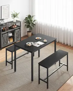 VASAGLE Dining Table with 2 Benches, 3 Piece Set, Kitchen Table, 2 Benches, Steel Frame, Ash Black and Ink Black