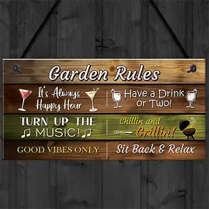 Red Ocean Garden Rules Hanging Wall Sign - Garden Bar Signs For Home Bar - Novelty Garden Decor Shed Plaques