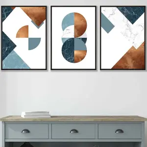 Set of 3 Teal Orange Abstract Mid Century Geometric Wall Art Prints / 42x59cm (A2) / Black Frame