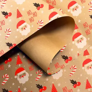 15m Eco-Friendly Kraft Christmas Wrapping Paper Roll with Santa Design - Recyclable Brown Gift Wrap, 43cm Wide