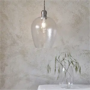 Hanging Ceiling Pendant Light - Bright Nickel Plate & Clear Hammered Glass - 10W LED E27