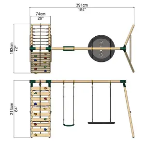 Rebo Wooden Swing Set with Up and Over Climbing Wall - Vale Green