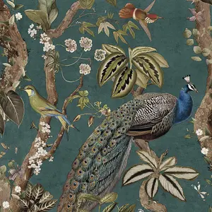 Holden Decor Peacock Woods Aqua Teal Wallpaper Floral Naturistic Feature Wall