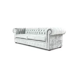 Chesterfield 4 Seater Sofa Shimmer Sliver Real Velvet Fabric In Classic Style