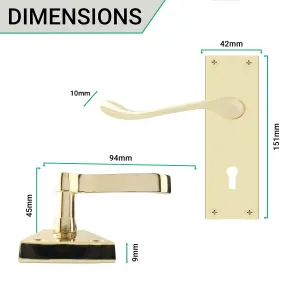 AFIT Polished Brass Victorian Scroll Door Handles for Key Lock - 1 Pair of Brass Internal Lever Lock Handles on Backplate