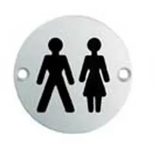 Bathroom Door Unisex Symbol Sign 64mm Fixing Centres 76mm Dia Polished Steel