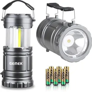 GEMEK 2 X LED Camping Lantern Battery Powered Flashlights Portable 2-In-1 Collapsible COB Lantern Lights For Camping, Car, Shop, Attic, Garage, 6 AA