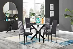 Furniturebox UK Novara Black Leg Round Glass Dining Table & 4 Grey Velvet Milan Black Leg Chairs