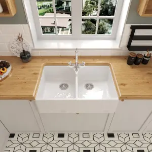 795mm - Double Bowl Fireclay Butler Kitchen Sink - Stepped Weir, Classic Tap  & Waste