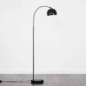 ValueLights Designer Style Black Curved Stem Floor Lamp With Gloss Black Metal Dome Light Shade