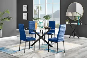 Furniturebox UK Novara Black Leg 120cm Round Glass Dining Table & 4 Navy Velvet Milan Black Leg Chairs