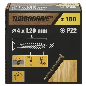 TurboDrive PZ Double-countersunk Yellow-passivated Steel Wood screw (Dia)4mm (L)20mm, Pack of 100