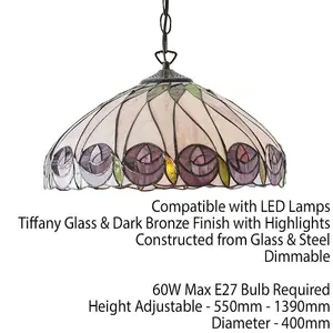 Tiffany Glass Hanging Ceiling Pendant Light Bronze & Round Rose Shade i00125