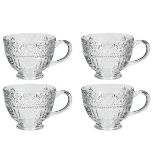 Set of 4 Vintage Style Embossed Footed Coffee Mug Clear Tea Cups