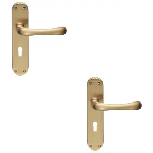 2 PACK - Rounded Smooth Latch & Lock Door Handle - Satin Brass Lever on Backplate