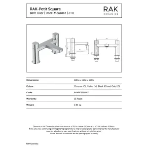 RAK Petit Brushed Gold Square Bath Filler Mixer Tap Solid Brass