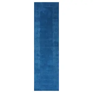 Handloom Plain Carved Border Wool Runner Rugs in Teal Blue - 60x230cm