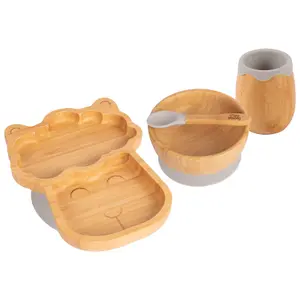 Tiny Dining - Llama Bamboo Suction Baby Feeding Set - Grey - 4pc