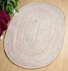 CHAKKAR PALE Stripe Oval Jute Beige Hall Rug / 75 cm x 120 cm