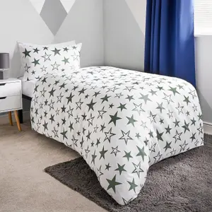 Duvet Cover Set Reversible 2 x Star Quilt Pillowcases, Navy/Green - Junior