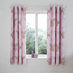 Catherine Lansfield Enchanted Butterfly 66x72 Inch Fully Reversible Eyelet Curtains Two Panels Pink