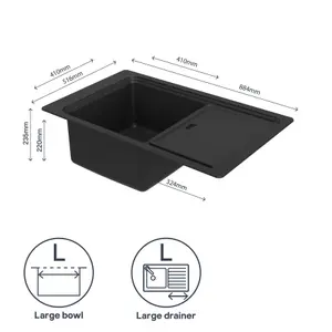 GoodHome Romesco Linea Black Granite 1 Bowl Sink & drainer 515mm x 880mm