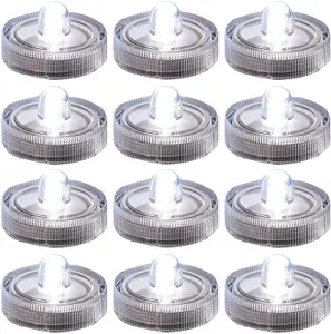 Set of 12 Submersible LED Tealights - Battery Powered Portable Waterproof Electric Candles Flameless Faux Cool White Tea Lights