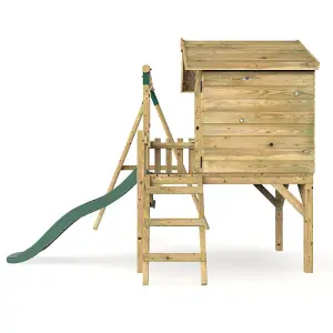 Rebo Orchard 4ft x 4ft Wooden Playhouse with Swings, 900mm Deck and 6ft Slide - Solar Green