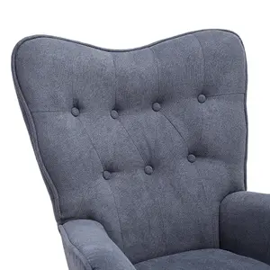 Grey Tufted Button Linen Armchair with High Back and Wooden Legs 92cm H