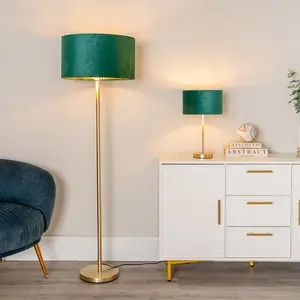 ValueLights Charles Gold Stem Table Lamp with Forest Green Velvet with Gold Inner Lamp Shade and LED Bulb