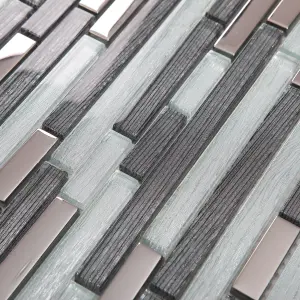 Foxe Grey muretto Gloss Glass effect Flat Glass & stainless steel Mosaic tile sheet, (L)300mm (W)300mm