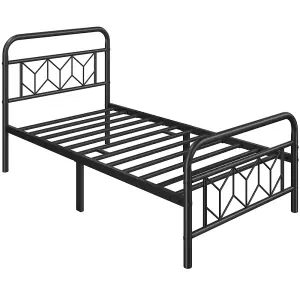 Yaheetech Black 3ft Single Metal Bed Frame with Diamond Pattern Headboard and Footboard