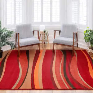 Warm Red Terracotta Wave Living Room Rug 190x280cm